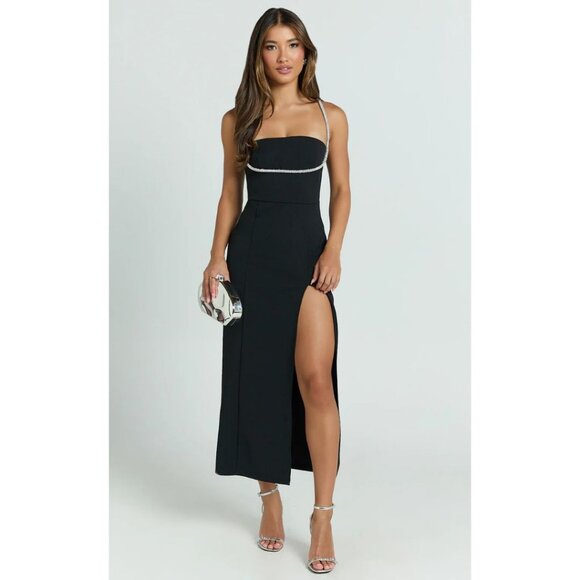 Showpo Sharley Diamante Detail Midi Dress Black Size 12 Holiday New Year - Picture 1 of 7